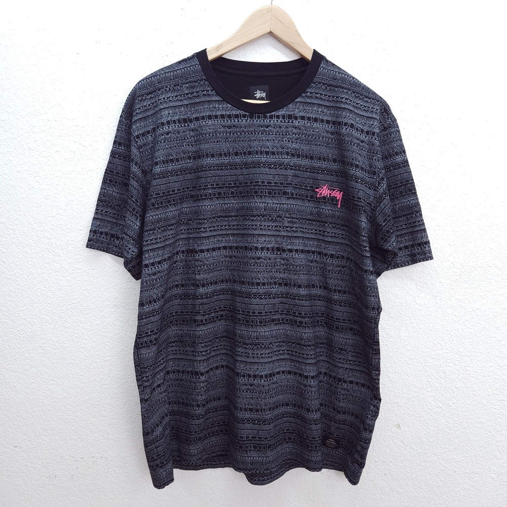 Stussy Rat Patrol Shirt Pattern Black Gray Pink Logo Short Sleeve Crewneck XL